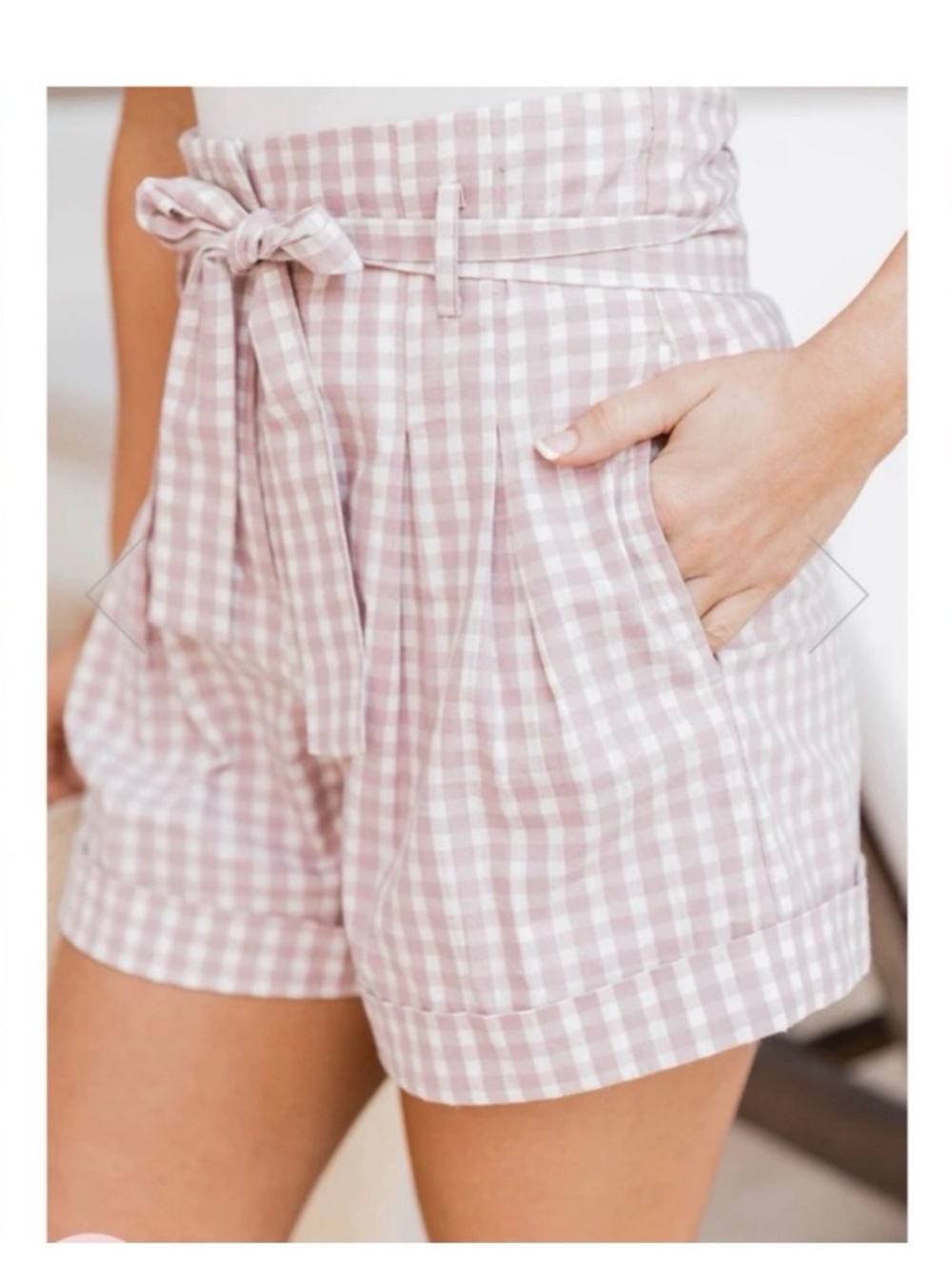 Pink Lily Mauve Pink Gingham High-Waist Tie-Belt Shorts